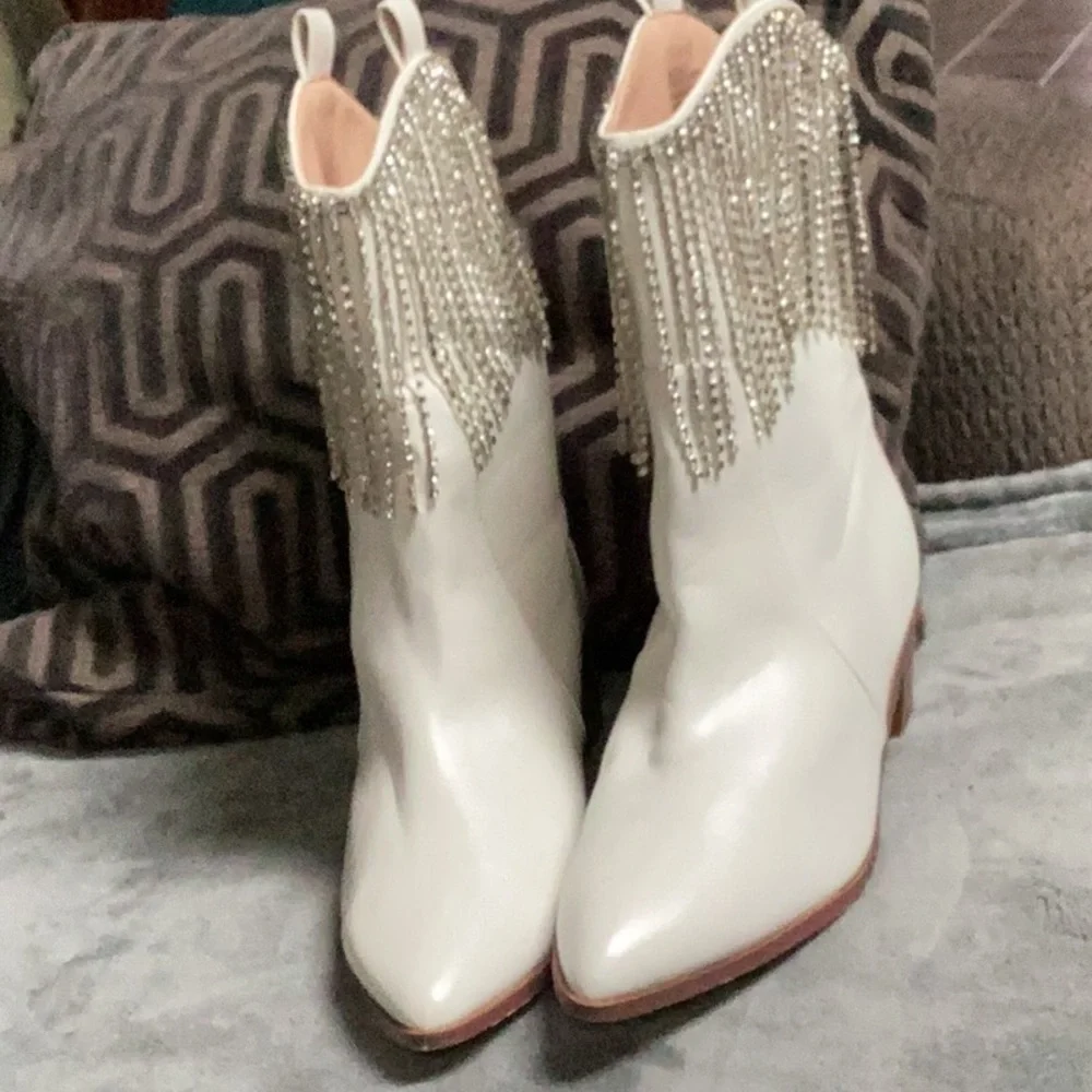 White rhinestone Fringe Cowboy Boots - Picture 3 of 7